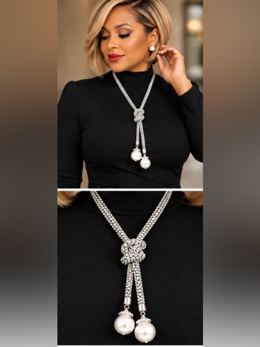 Crystal Knot Lariat Necklace with Pearl Drops - Silver